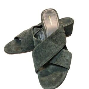 Mansur Gavriel Green Suede Sandals Slides Sz 38 / 7.5 CrissCross Block Heel